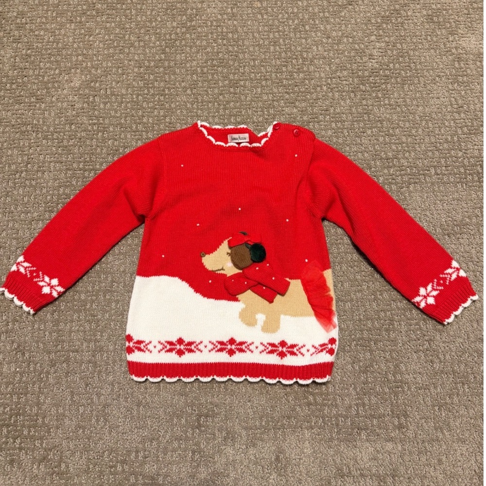 Neiman Marcus Girls Red Dachshund Christmas Sweater Tulle Tutu Cotton Size 2/3